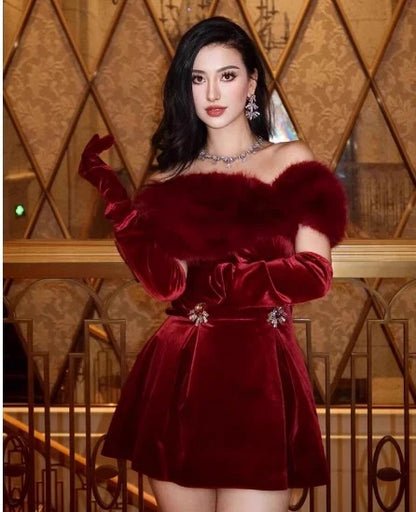Elegant off-the-shoulder red mini dress with plush short skirt, luxurious polyester fabric, and versatile formal-to-casual design