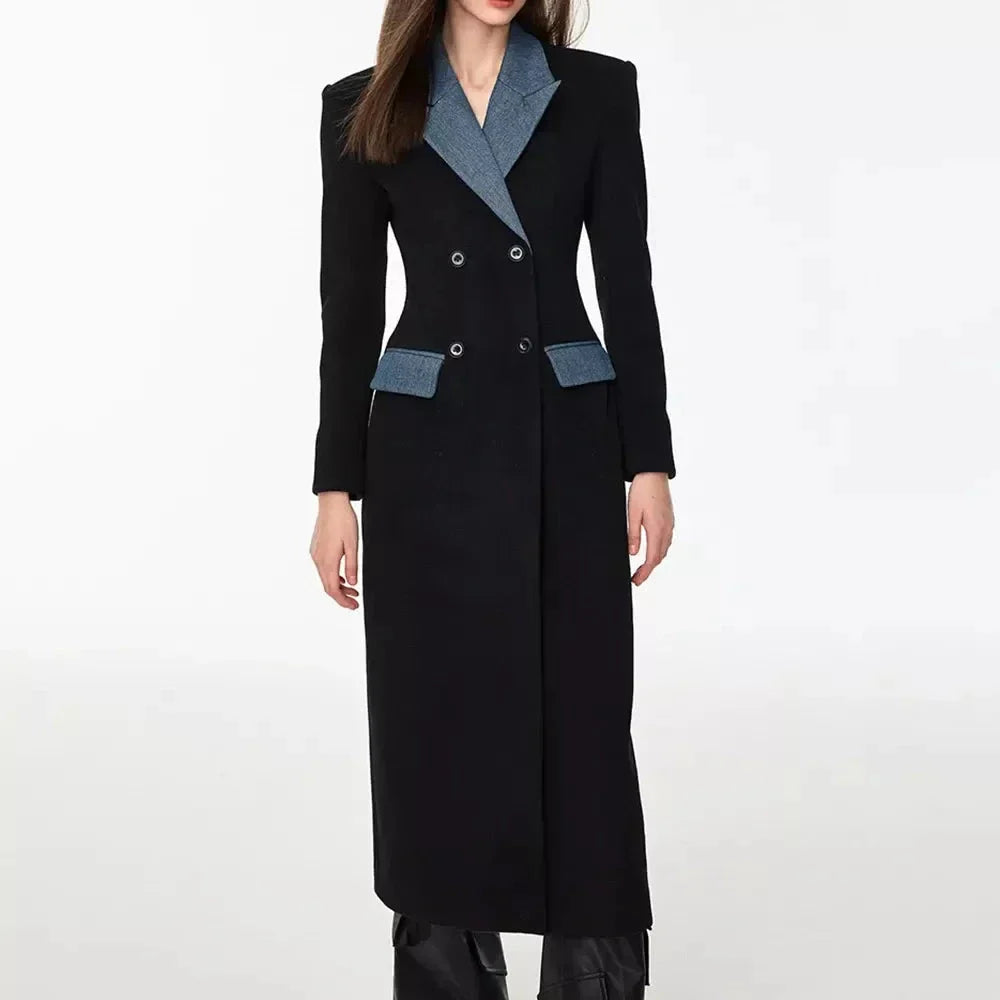 Elegant patchwork trench coat in black with contrast design, ideal for British autumn and winter