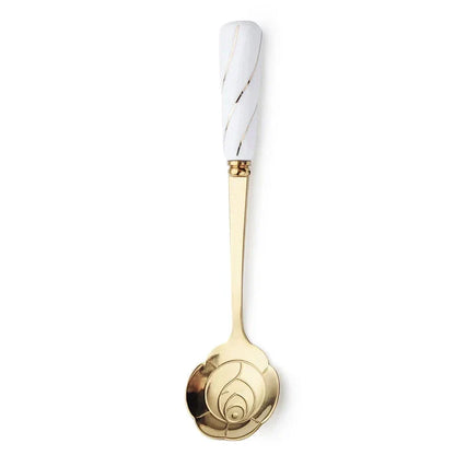 Elegant gold-plated mini stainless steel dessert spoons with colourful ceramic handles and floral designs
