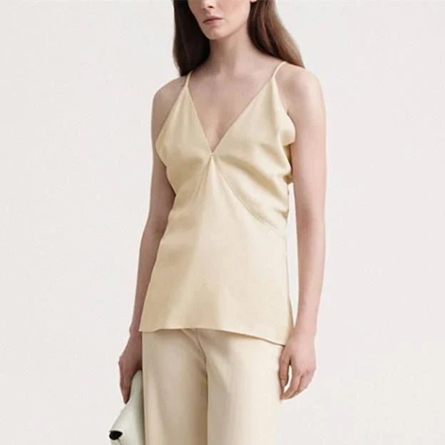 Elegant summer camisole with v-neck and backless design, made from soft viscose fabric for comfort and style