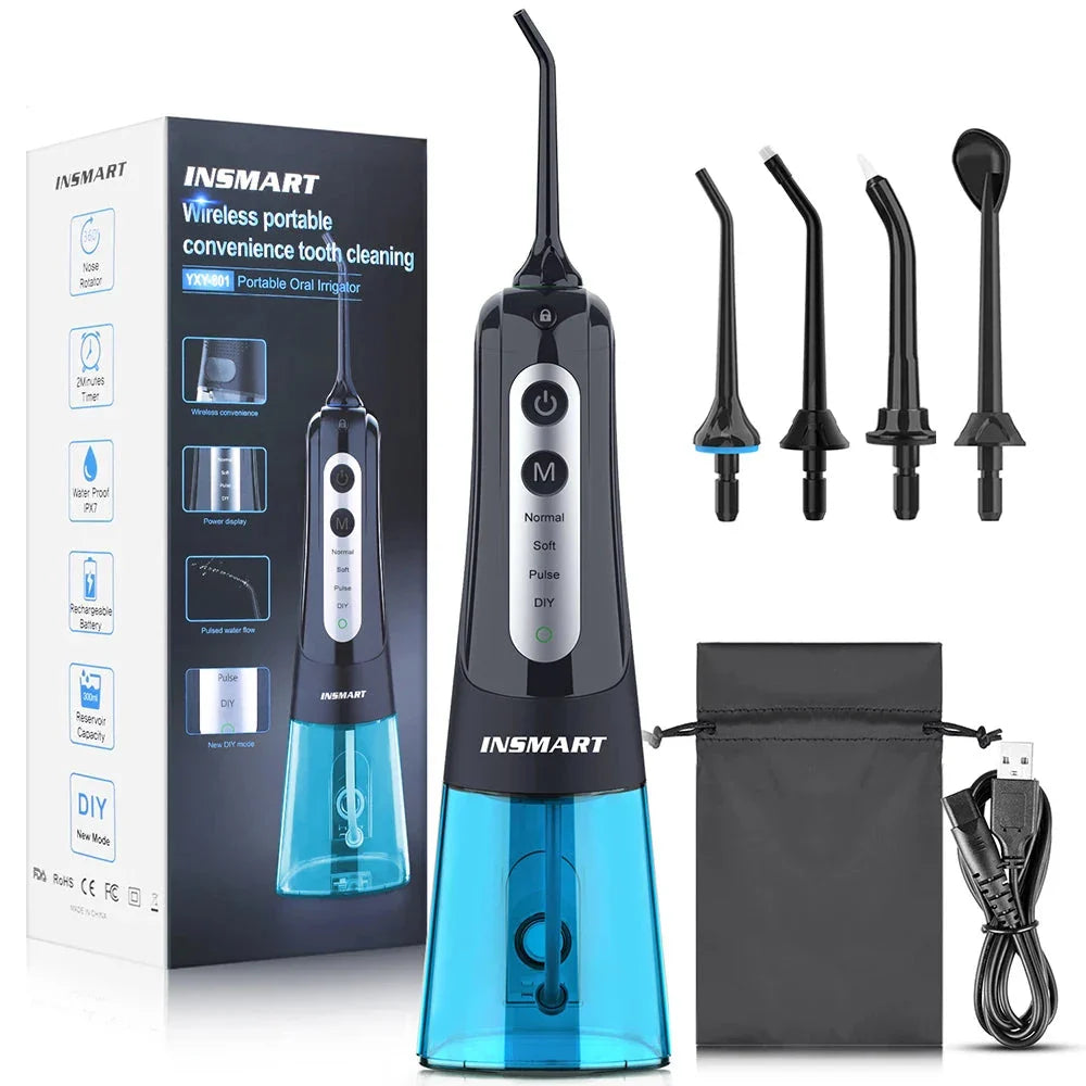 Cordless Waterproof Dental Water Flosser with 300ml Detachable Tank, 1800 Water Pulses per Minute, and 4 Customisable Cleaning Modes