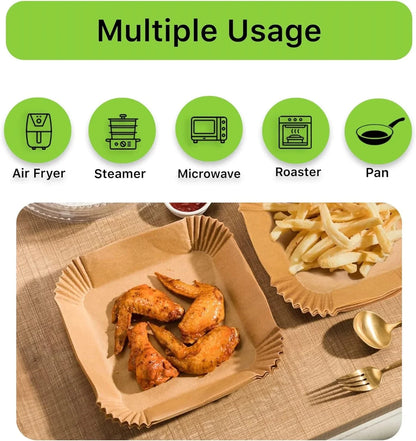 50 disposable air fryer liners made from non-toxic wood paper for easy clean-up and non-stick cooking