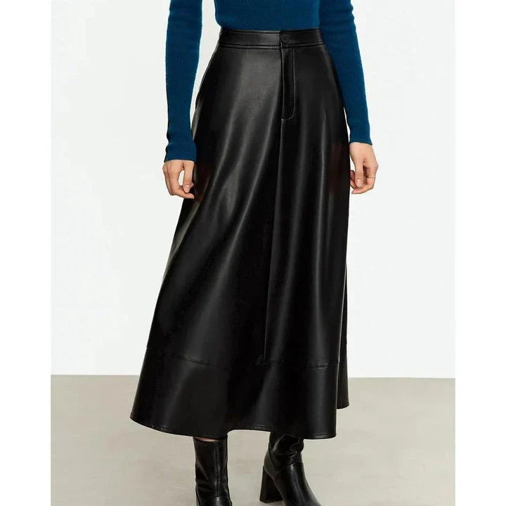 Elegant autumn ankle-length a-line leather midi skirt for women in black colour