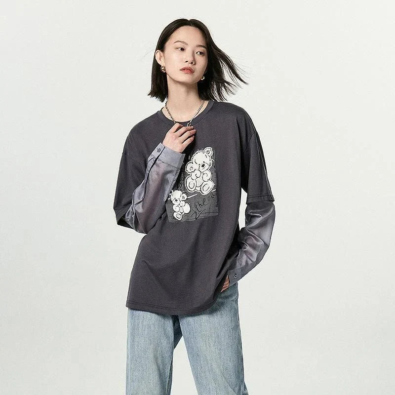 Cosy autumn-inspired long sleeve cotton top with charming bear print and embroidered details