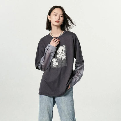 Cosy autumn-inspired long sleeve cotton top with charming bear print and embroidered details
