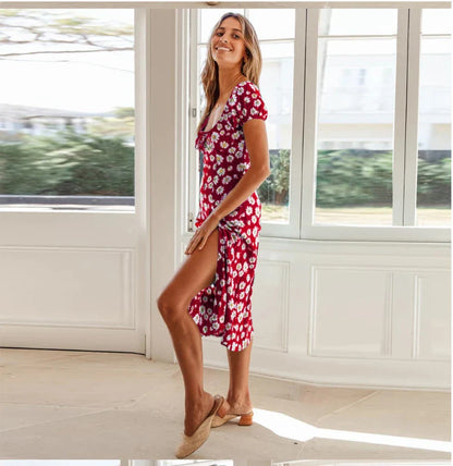 Floral dress with square collar, drawstring waist, and split hem, available in navy blue, red, and green colours