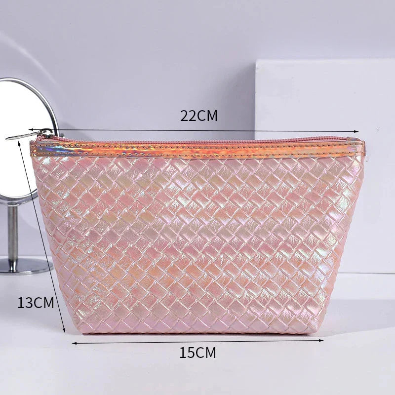 Large leather travel cosmetic bag with stylish paillette pattern, perfect for organising makeup and toiletries on the go