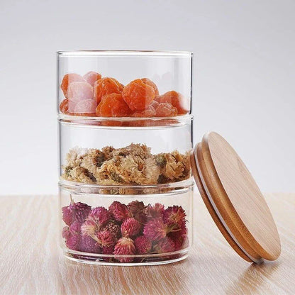 Premium 3-Layer Glass Food Storage Jars with Borosilicate Glass and Airtight Wooden Lids