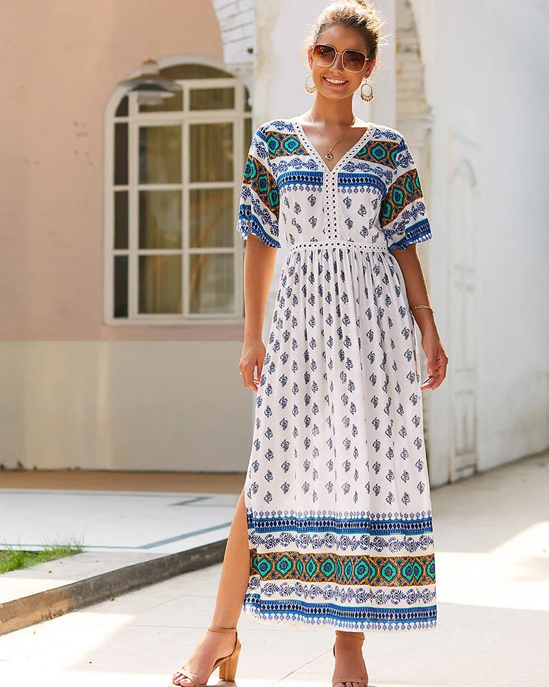 Elegant Bohemian-inspired autumn dress in vibrant yellow, made from premium cotton for a soft and comfortable feel.