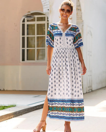 Elegant Bohemian-inspired autumn dress in vibrant yellow, made from premium cotton for a soft and comfortable feel.