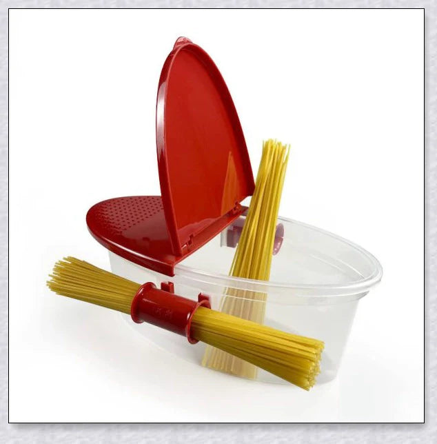 Versatile microwave pasta cooker with convenient handles and precise water-filling lines for quick and easy pasta preparation