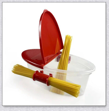 Versatile microwave pasta cooker with convenient handles and precise water-filling lines for quick and easy pasta preparation