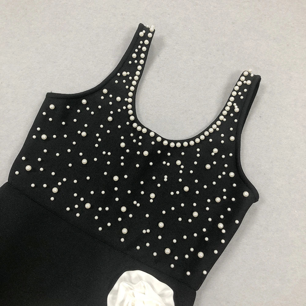 Elegant slim-fit beaded floral dress in black colour