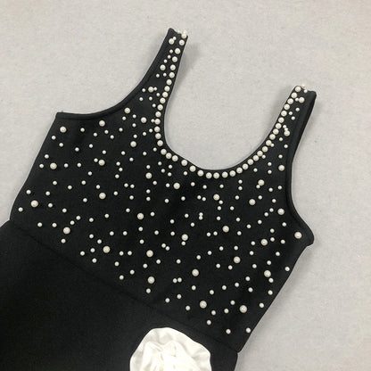 Elegant slim-fit beaded floral dress in black colour