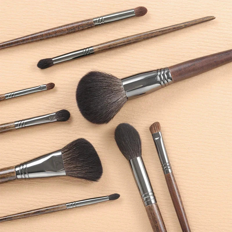9-piece premium makeup brush set with soft goat hair bristles and natural wood handles for flawless, long-lasting makeup application