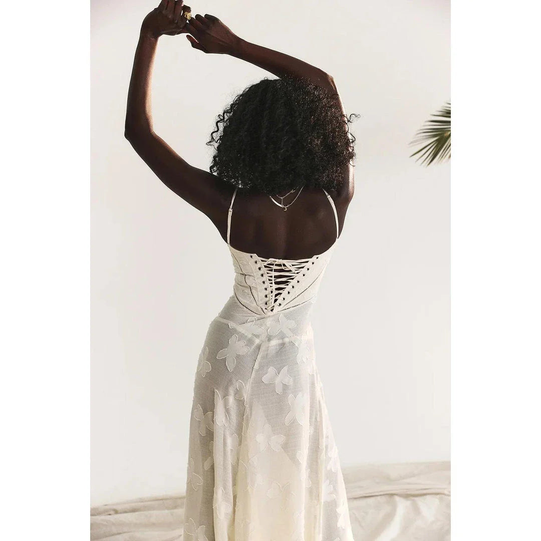 Elegant beige midi corset dress with floral jacquard pattern and lace-up back design