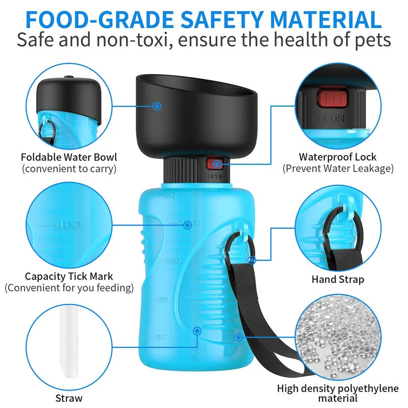 Portable dog water bottle with foldable drinking cup, made of durable, BPA-free plastic for convenient on-the-go hydration