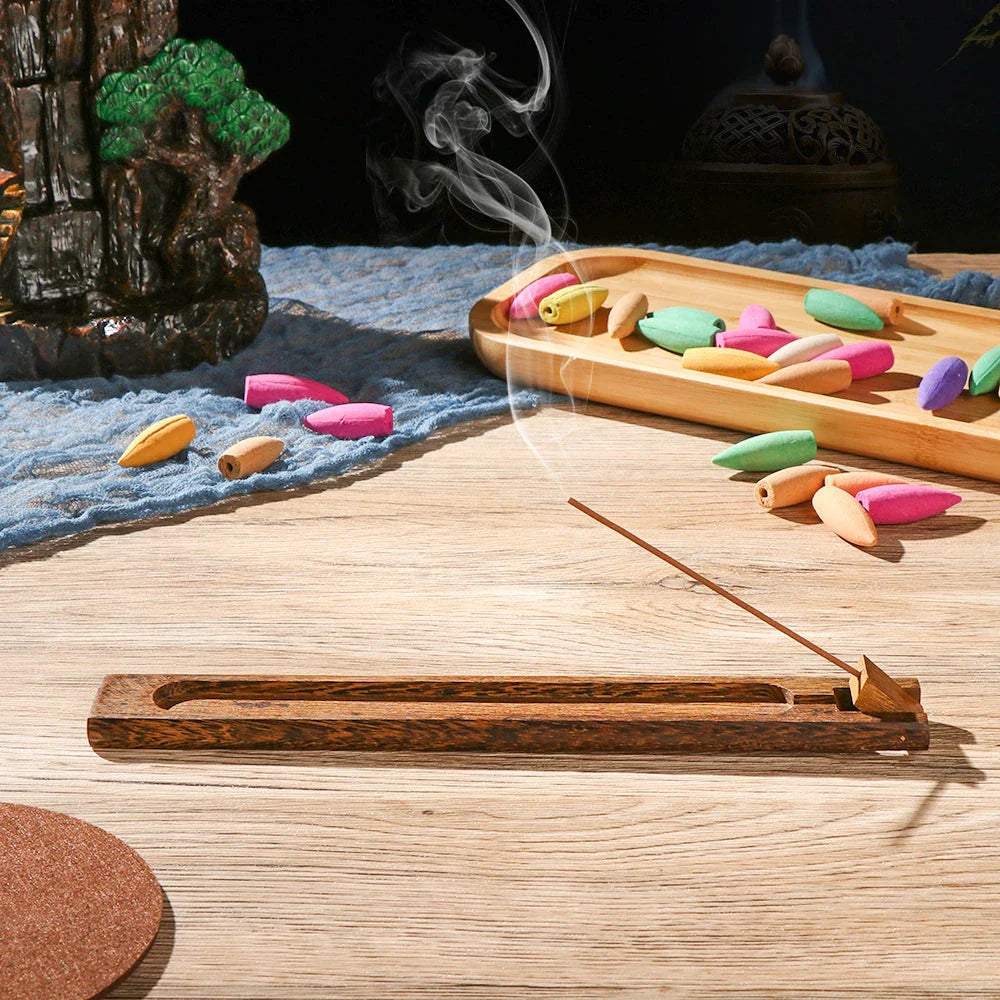 Elegant wooden and bamboo incense holder with a natural and rustic charm, designed to enhance your aromatherapy experience and add sophistication to any room.