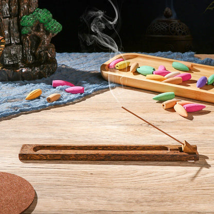 Elegant wooden and bamboo incense holder with a natural and rustic charm, designed to enhance your aromatherapy experience and add sophistication to any room.