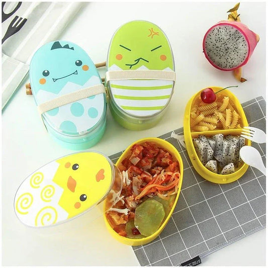 Egg-shaped children's lunch box in various colours, including black, green, blue, and yellow