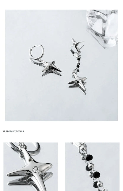 Asymmetric four-star silver needle earrings with a premium design for fashionable women