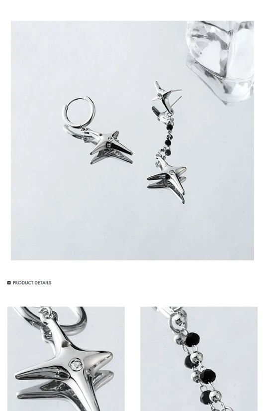 Asymmetric four-star silver needle earrings with a premium design for fashionable women