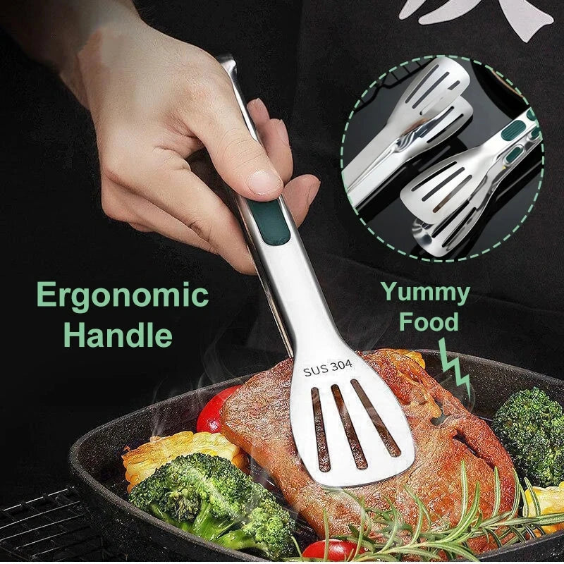 Stainless steel non-slip food tongs for cooking, serving, and handling hot dishes in the kitchen