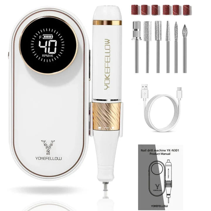 Cordless electric nail drill with 40,000 RPM motor, rechargeable battery, and HD display for professional-quality nail care