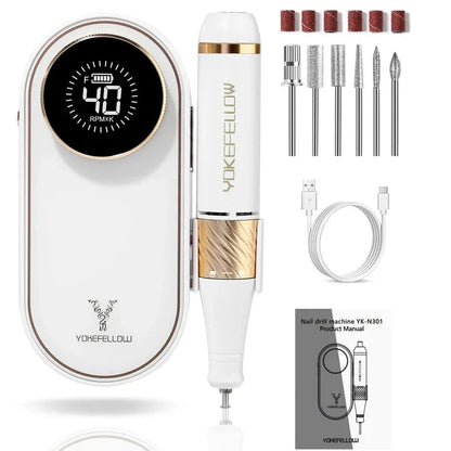 Cordless electric nail drill with 40,000 RPM motor, rechargeable battery, and HD display for professional-quality nail care