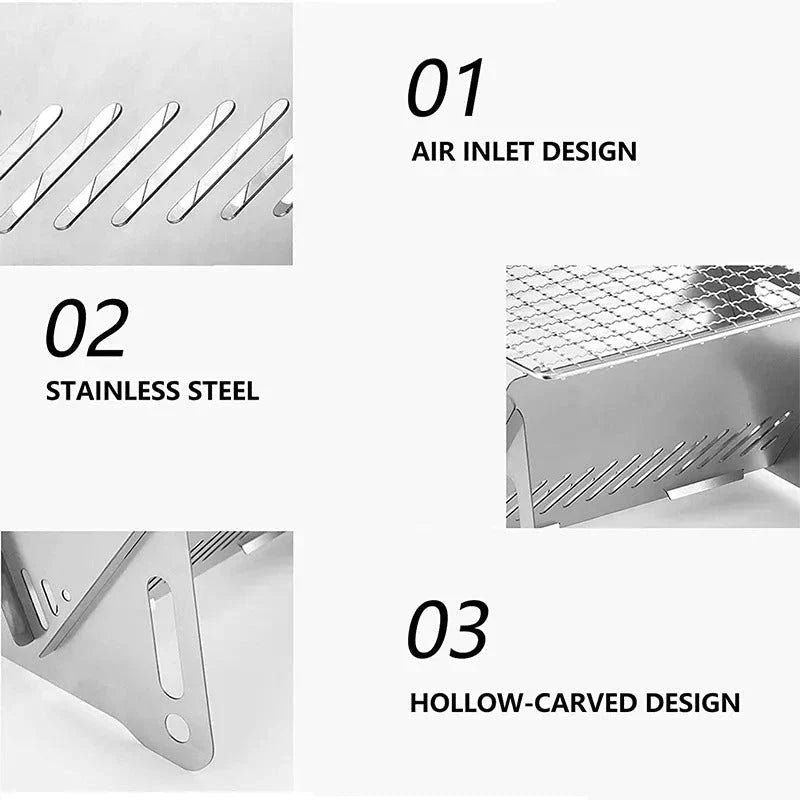 Compact stainless steel portable folding BBQ grill for outdoor cooking and camping