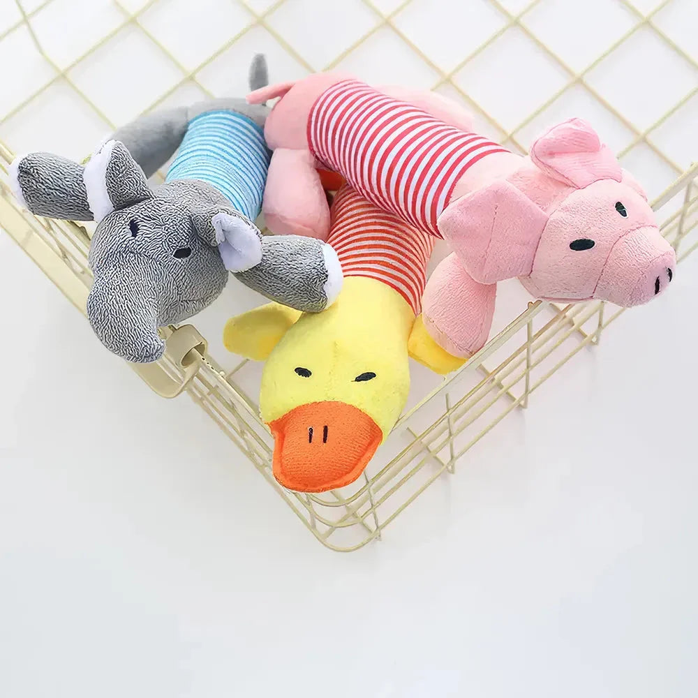 Adorable plush squeaky toys in various shapes and colours, including Pig, Duck, Elephant, and Chicken Legs, for playful pets