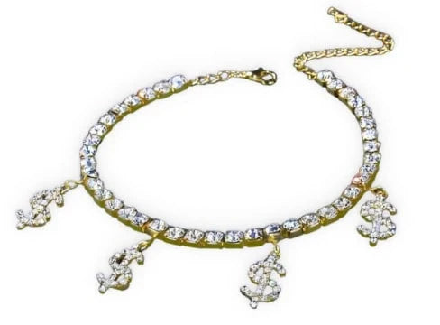 Elegant brass anklet with shimmering dollar pendants and rhinestones