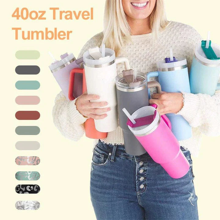 Premium insulated travel mug with straw, made of high-quality stainless steel to keep drinks hot or cold for up to 24 hours