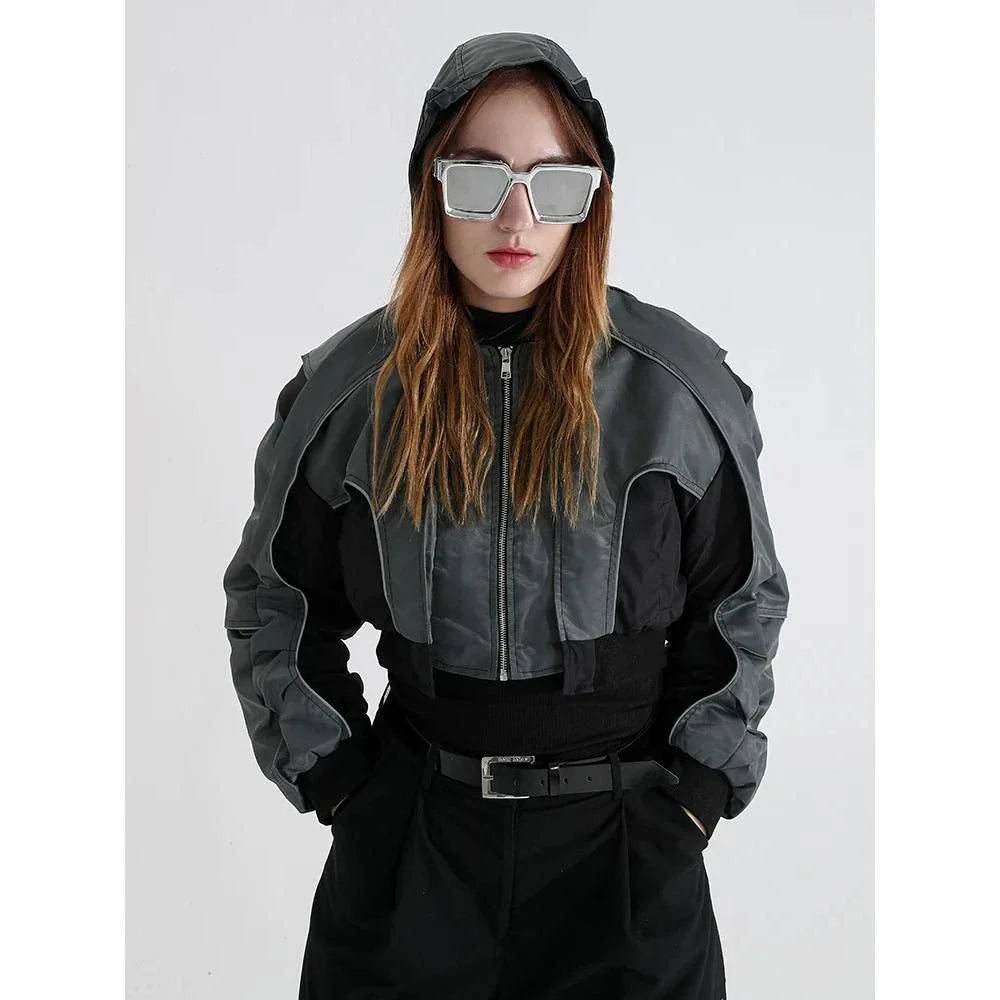 A stylish autumn hooded jacket with reflective splicing and a patchwork design, providing both fashion and visibility.