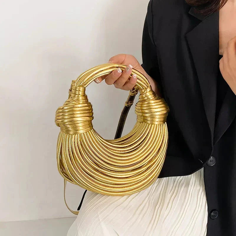 Elegant golden noodle knot evening clutch bag made from premium soft PU leather