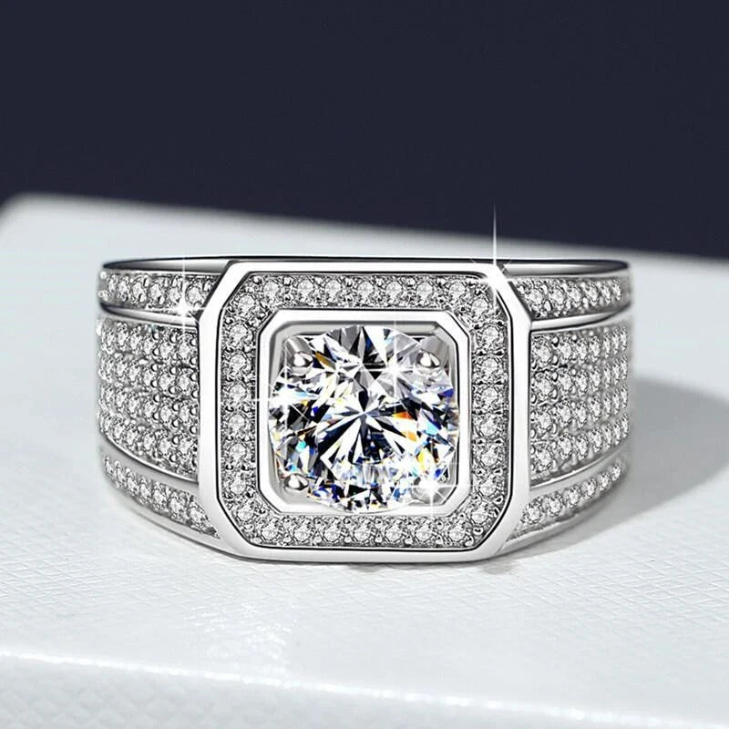 Elegant 2-carat diamond inlaid men's ring with a sleek, geometric design and adjustable fit