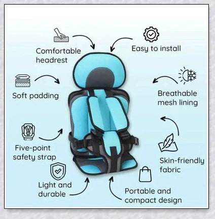 Adjustable infant car seat cushion with 5-point harness, plush padding, and foldable design for safe and comfortable travel with children