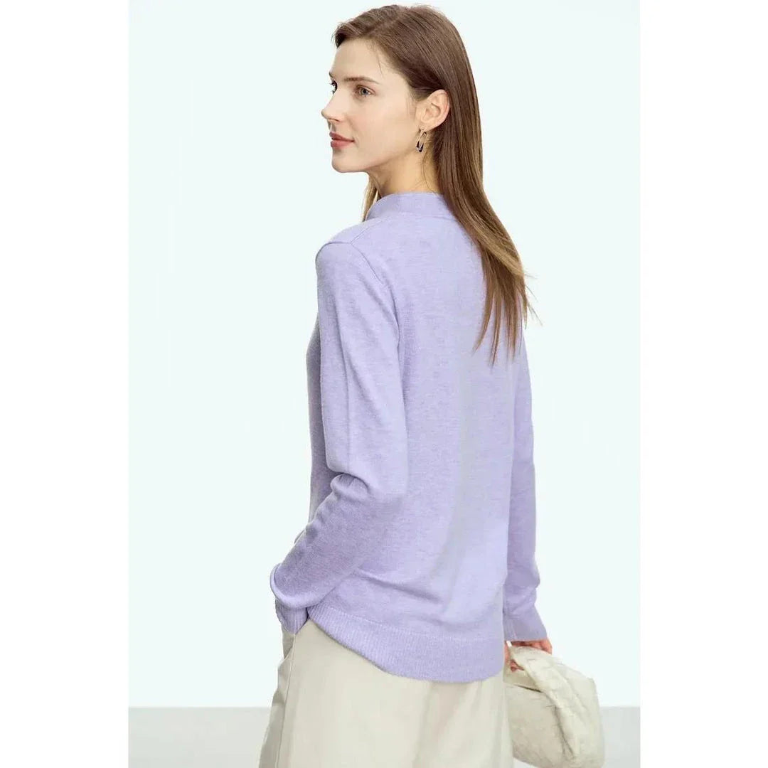 Chic minimalist u-collar long sleeve pullover in green and purple colours, featuring elegant design and cozy materials
