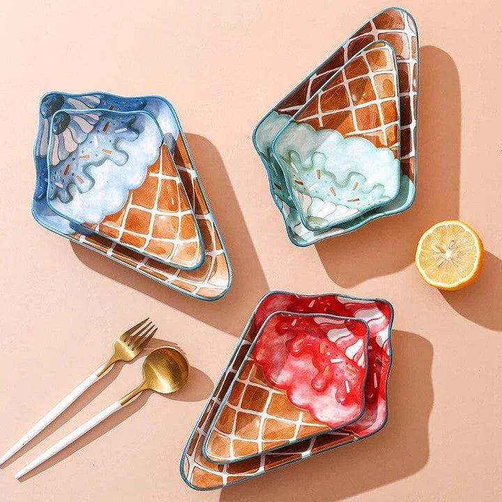 Whimsical ice cream shaped ceramic plate in red and blue colours, available in small and large sizes