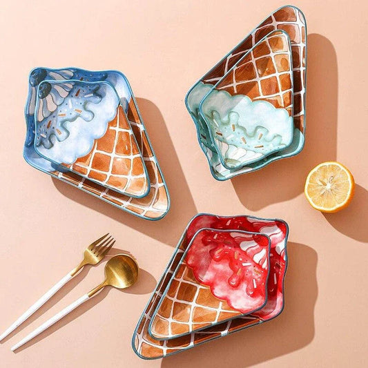 Whimsical ice cream shaped ceramic plate in red and blue colours, available in small and large sizes