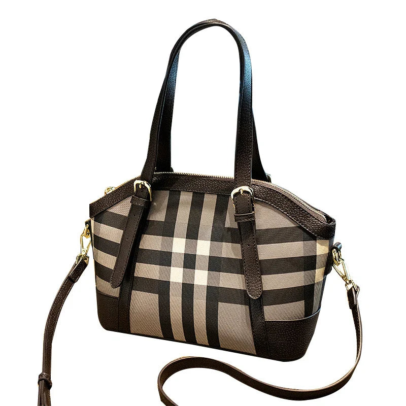 Premium British Ladies' Plaid Shoulder Tote Bag in a stylish brown colour, featuring a spacious bucket design and a classic plaid pattern