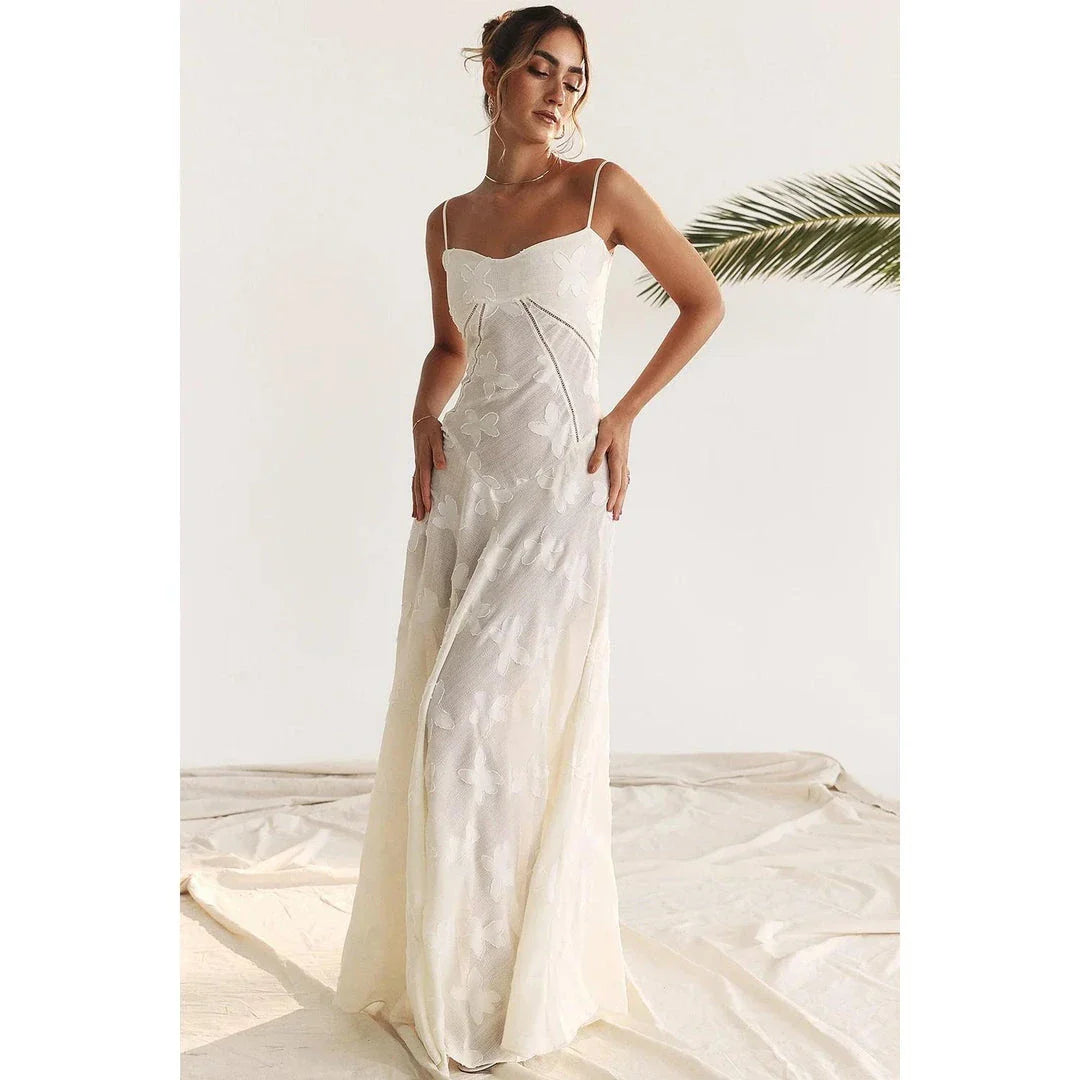 Elegant beige midi corset dress with floral jacquard pattern and lace-up back design