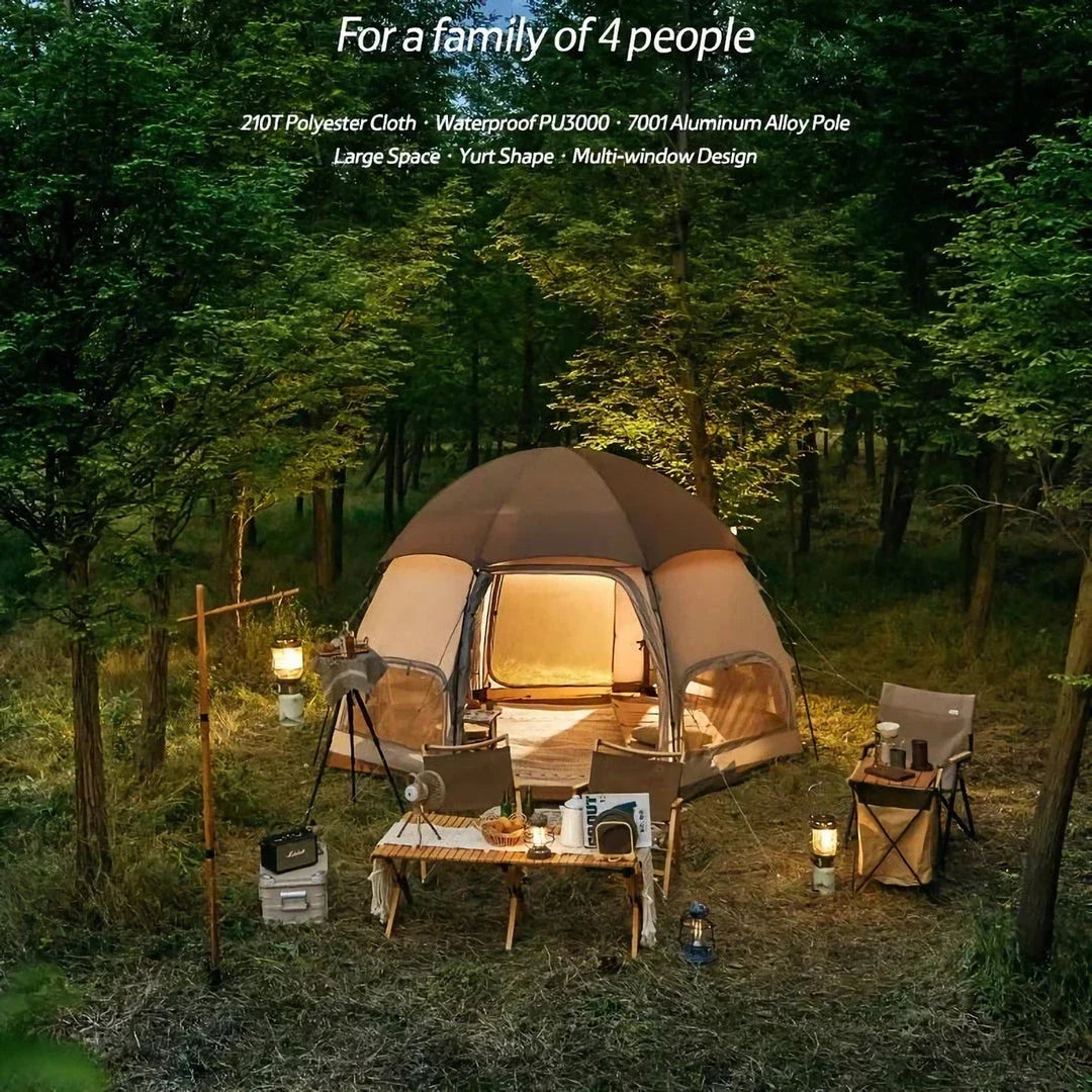 Spacious octagonal camping tent with multiple windows and a distinctive mushroom-shaped design