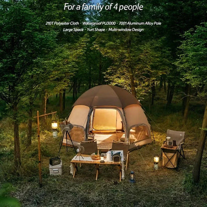 Spacious octagonal camping tent with multiple windows and a distinctive mushroom-shaped design