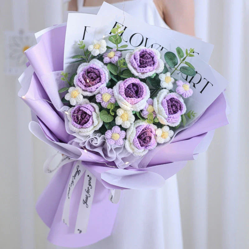 Beautifully crafted knitted bouquet with vibrant sunflowers, featuring a warm LED lighting system for a captivating display
