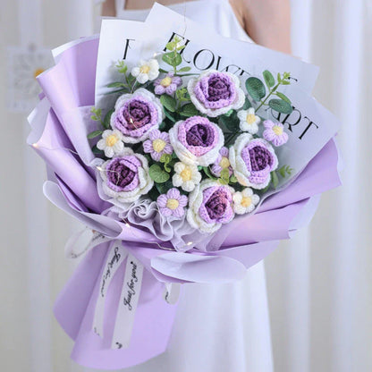 Beautifully crafted knitted bouquet with vibrant sunflowers, featuring a warm LED lighting system for a captivating display