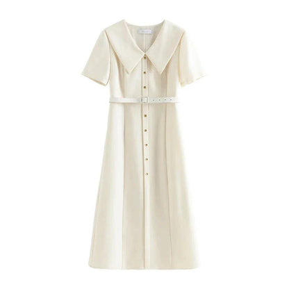 Elegant mid-calf summer dress with flattering empire waistline and adjustable belt for professional women
