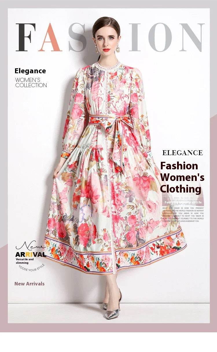 Elegant floral single-breasted swing dress with delicate print, tailored design, and flowing silhouette