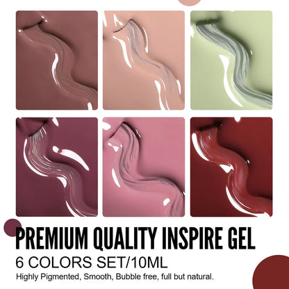 A set of six nude-coloured gel nail polishes in an autumn-inspired collection for long-lasting, salon-quality manicures