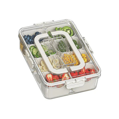 Premium divided snack tray with clear lid, removable compartments, and handle for easy transport and organisation